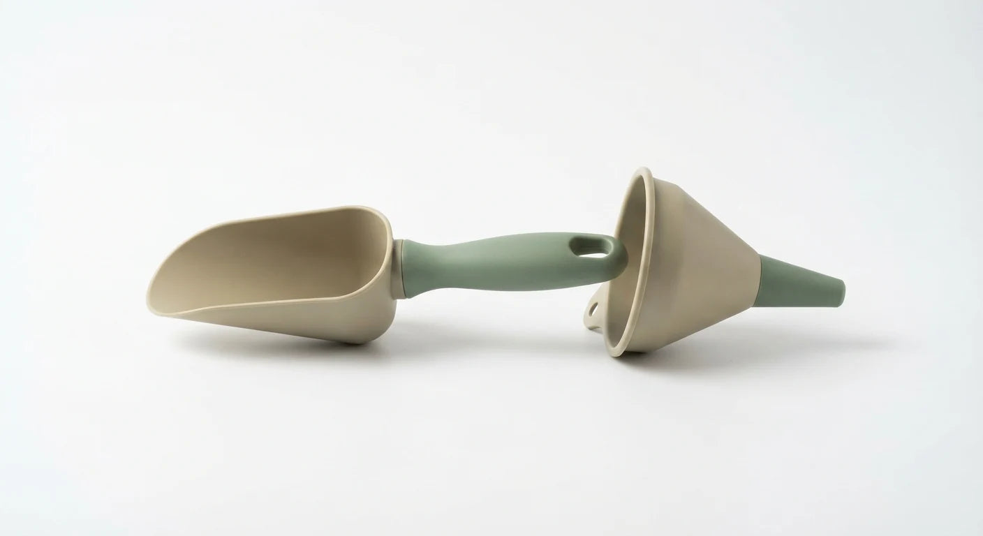White background image of mini soil scoop and funnel set