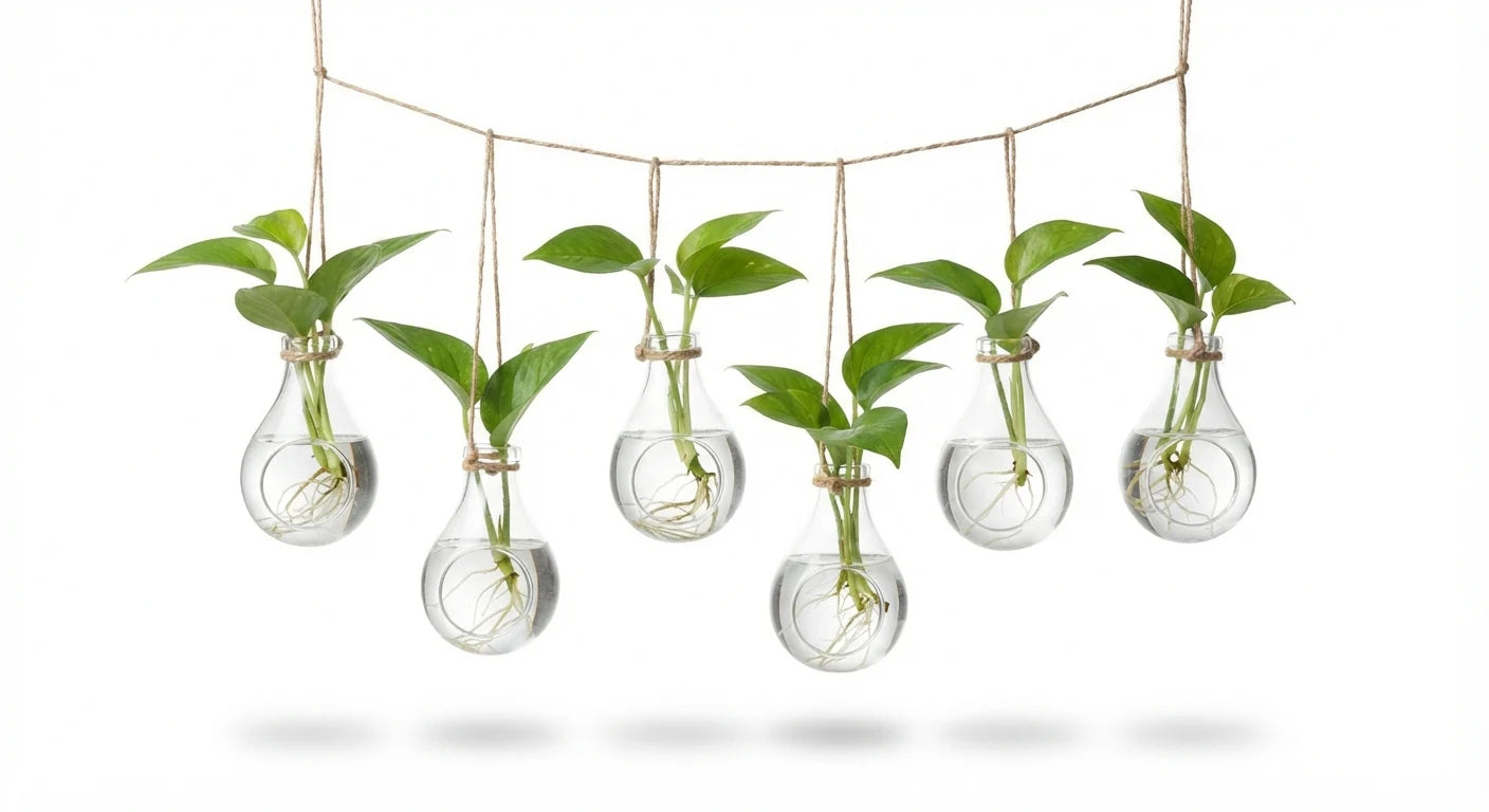 White background image of hanging bulb rooting vase set
