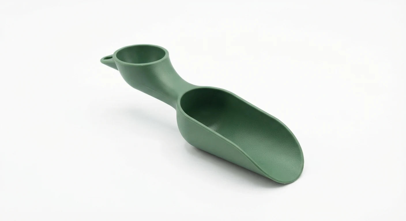 Mini Soil Scoop and Funnel Set for Indoor Potting shown in use with an indoor plant setup