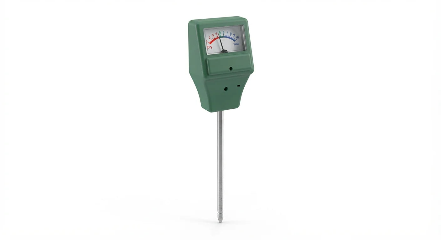 Soil Moisture Meter for Houseplants and Container Plants shown in use with an indoor plant setup