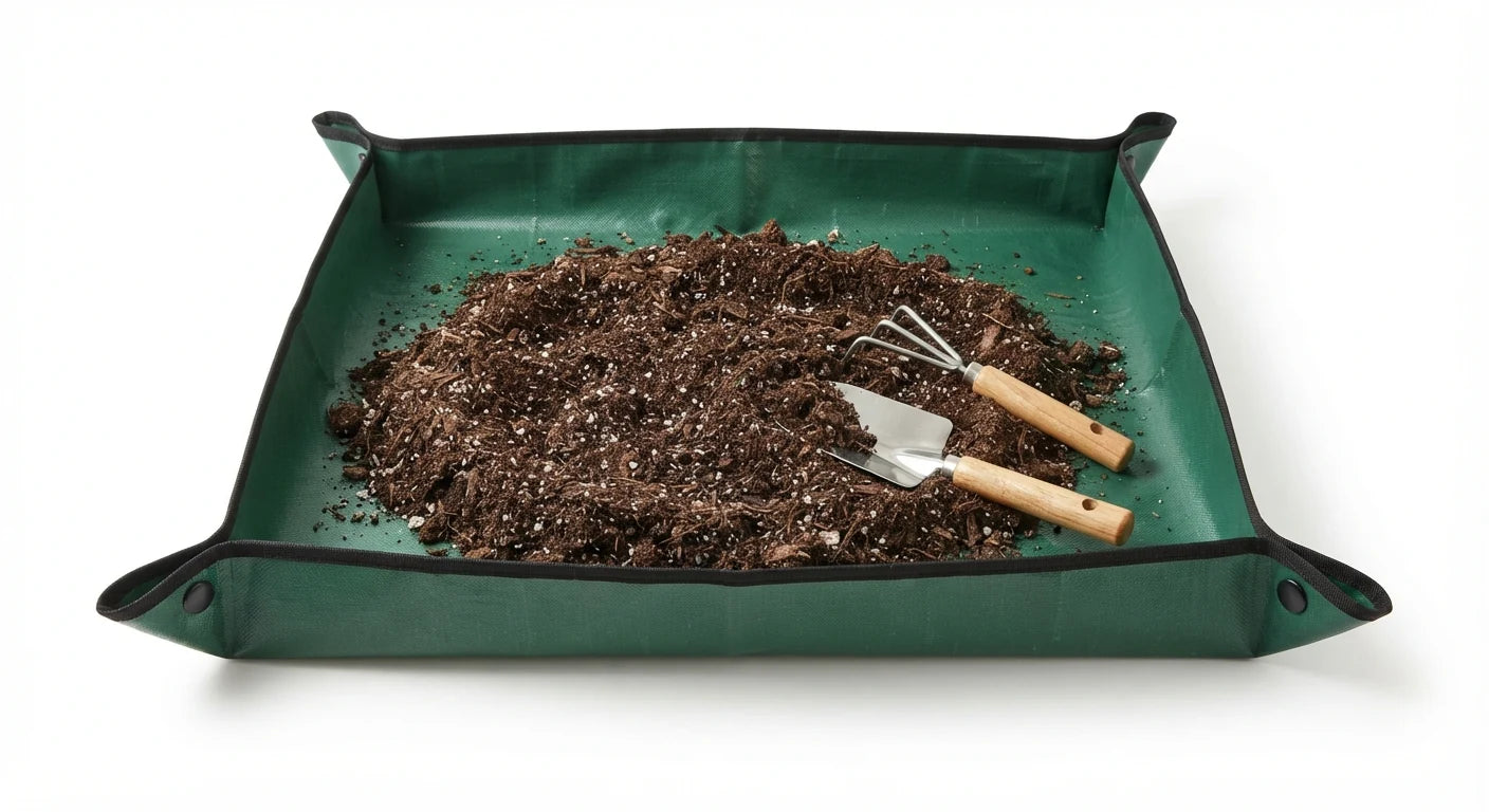 Alternate angle of potting soil mix mat set for indoor plant care