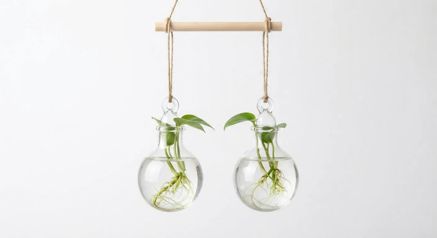 Alternate angle of hanging bulb rooting vase set for plant propagation