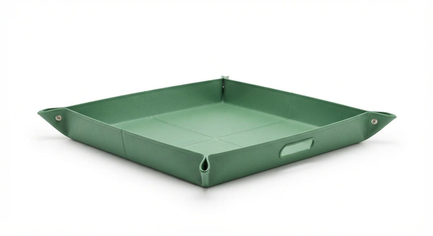 Alternate angle of foldable potting tray for indoor repotting