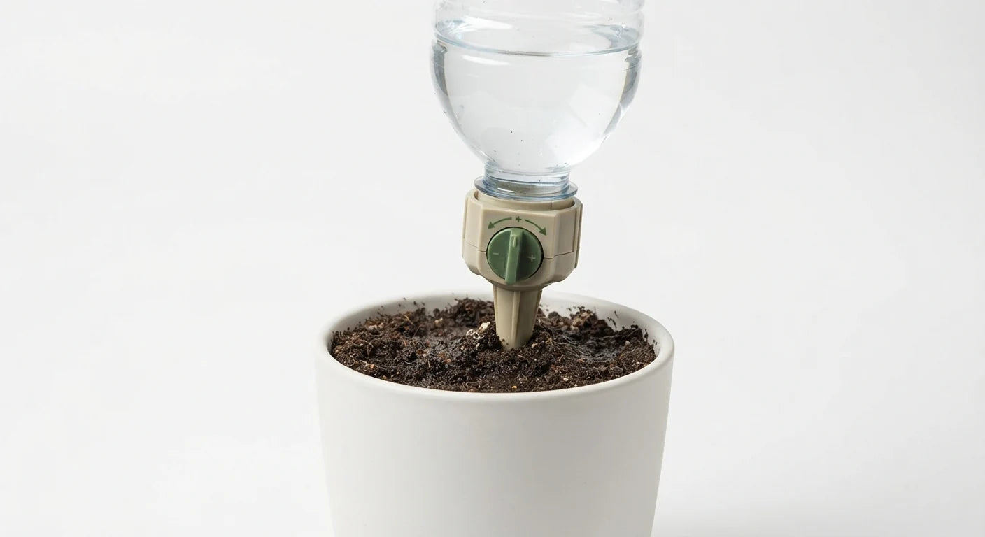 Alternate angle of adjustable drip irrigation bottle caps set for potted plants