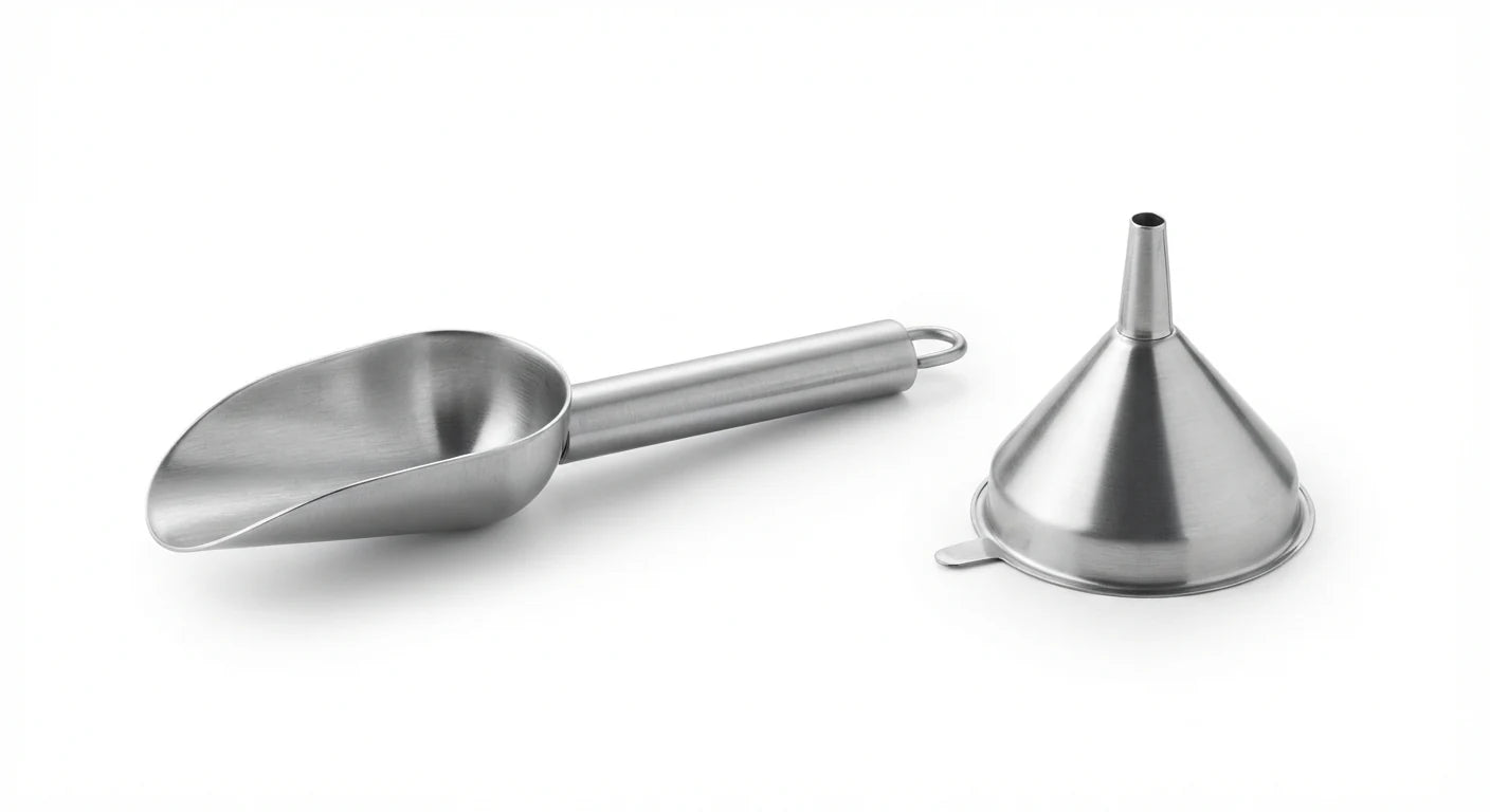 Alternate angle of mini soil scoop and funnel set for indoor potting