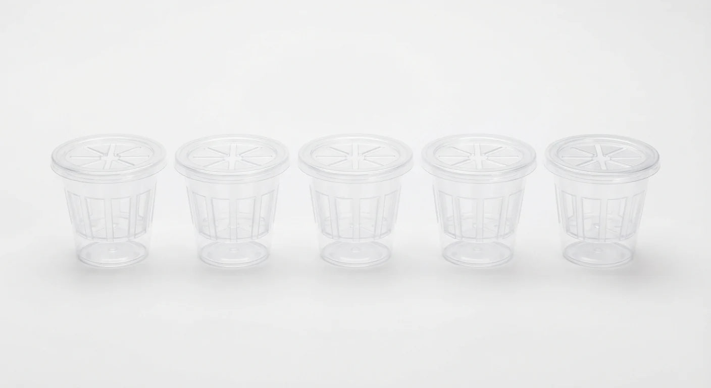 Alternate angle of rooting cups with slotted support lids for cuttings