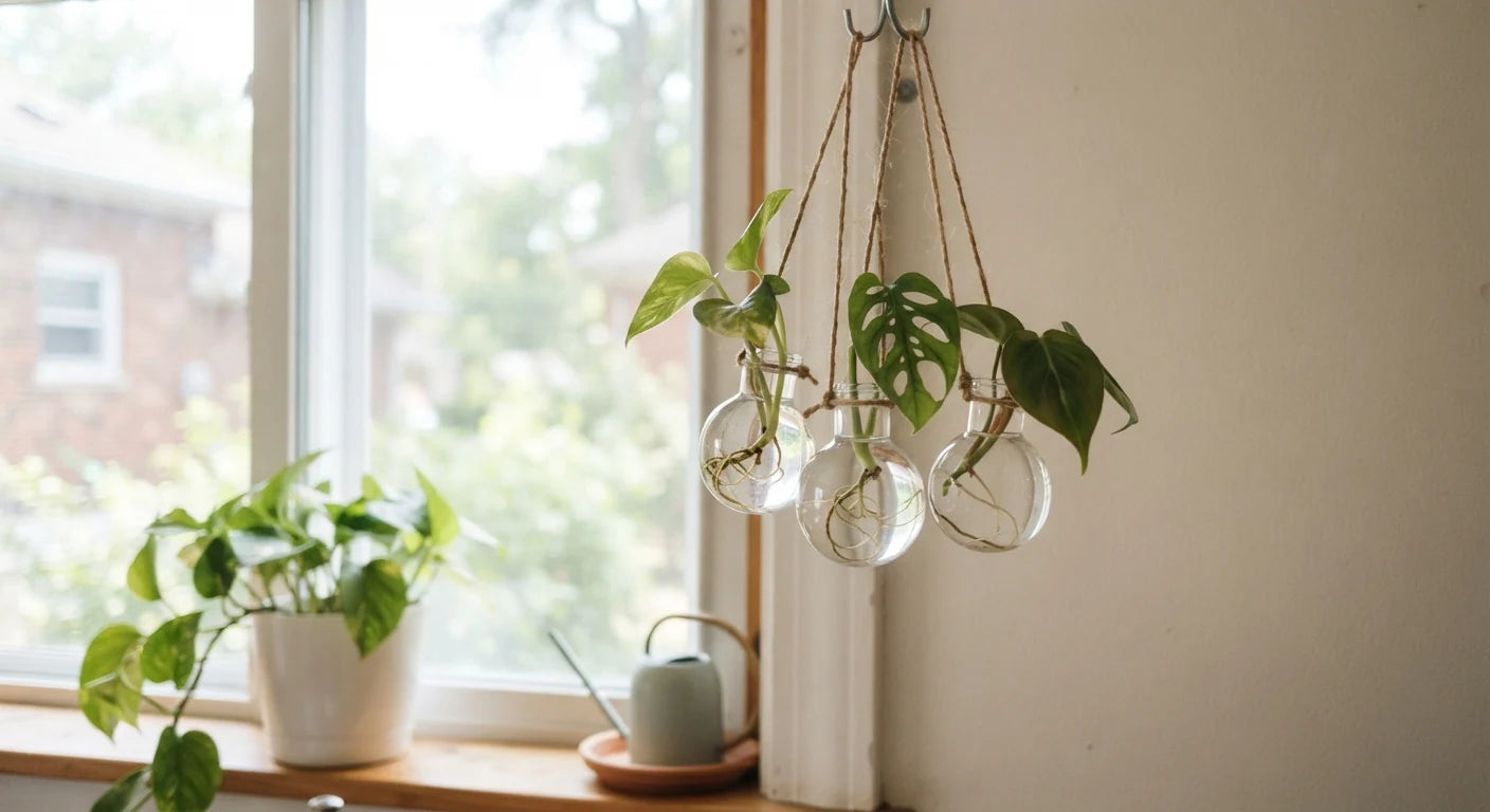 Hanging Bulb Rooting Vase Set for Plant Propagation in a real plant-care setting