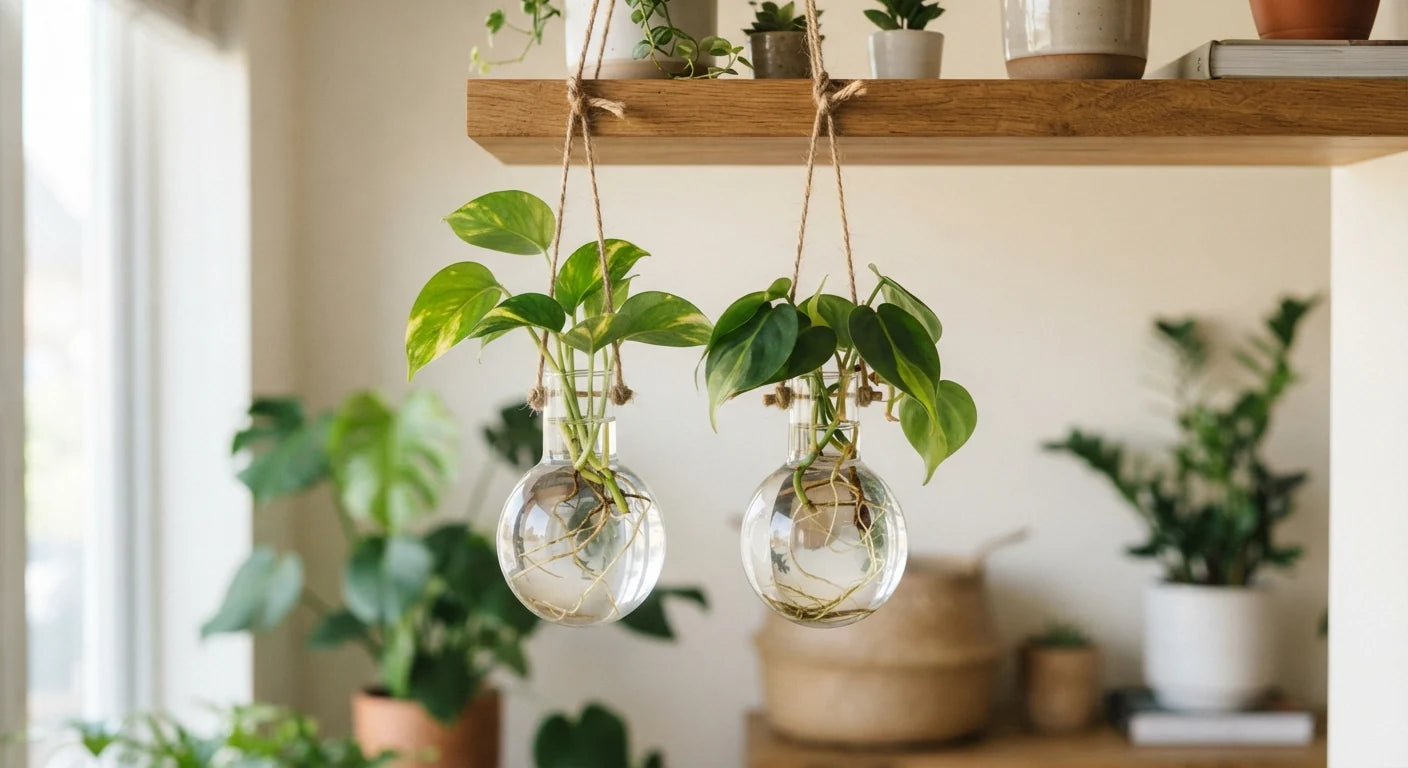 White background image of hanging bulb rooting vase set